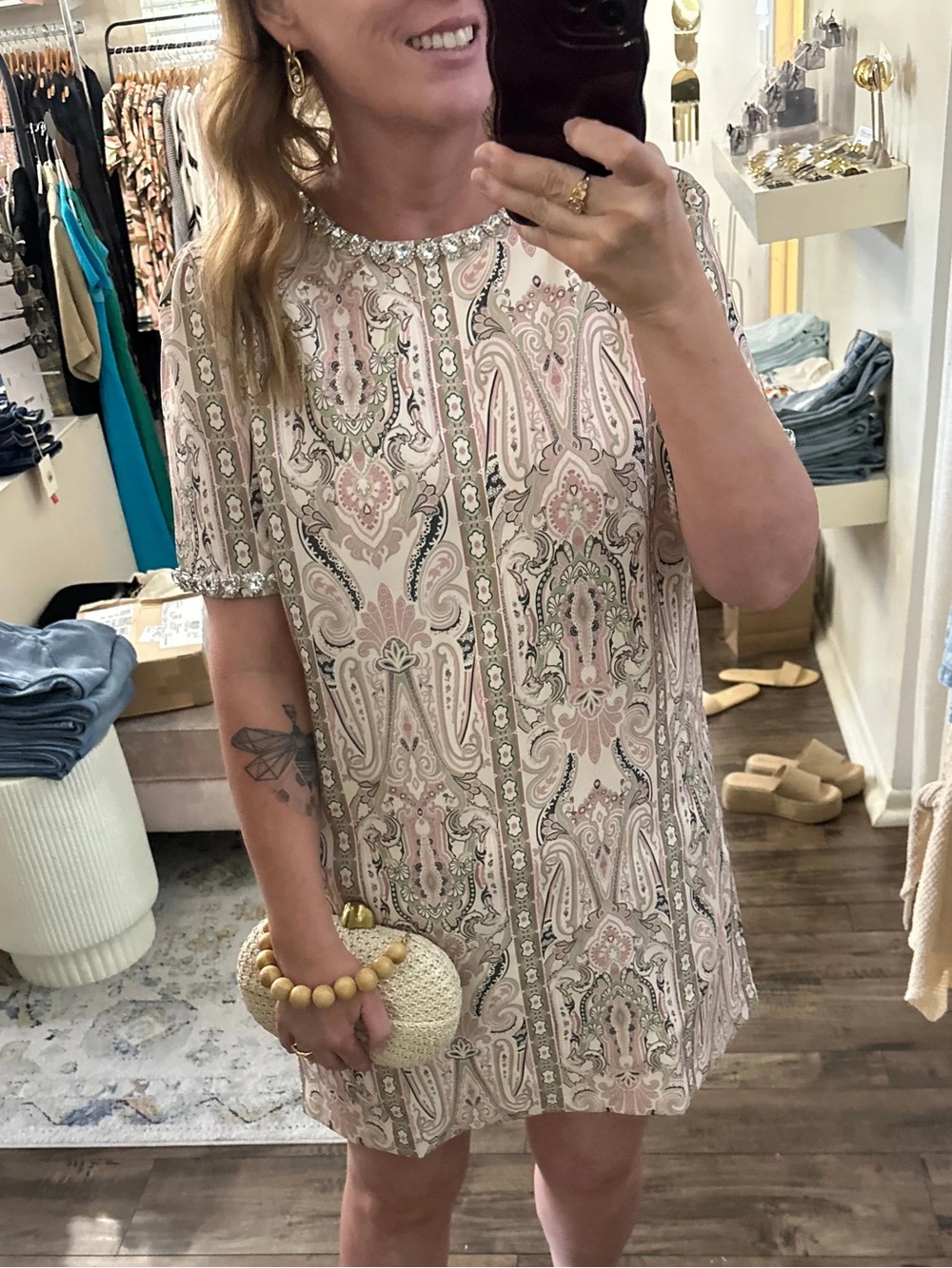 Beaded Paisley Mini Dress in Blush Pink with gem accents.